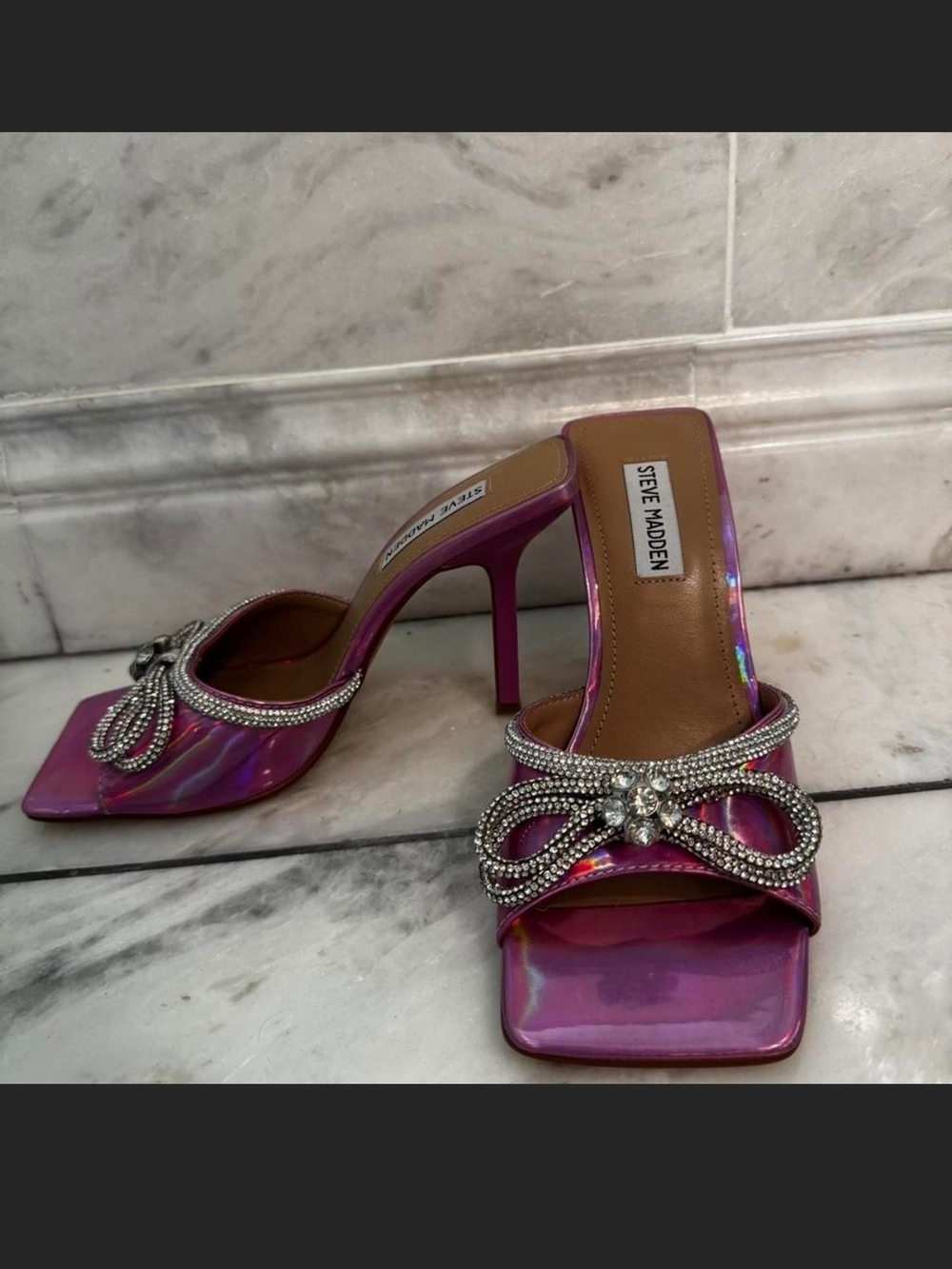 Steve Madden Iridescent Pink Crystal Bow Slide Mules - Picture 2 of 3
